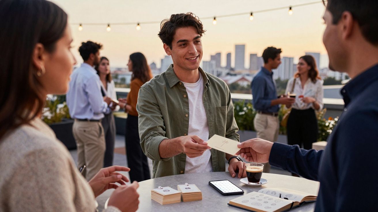 Jovem a entregar convite numa festa ao ar livre, com pessoas a conversar ao fundo ao pôr do sol.