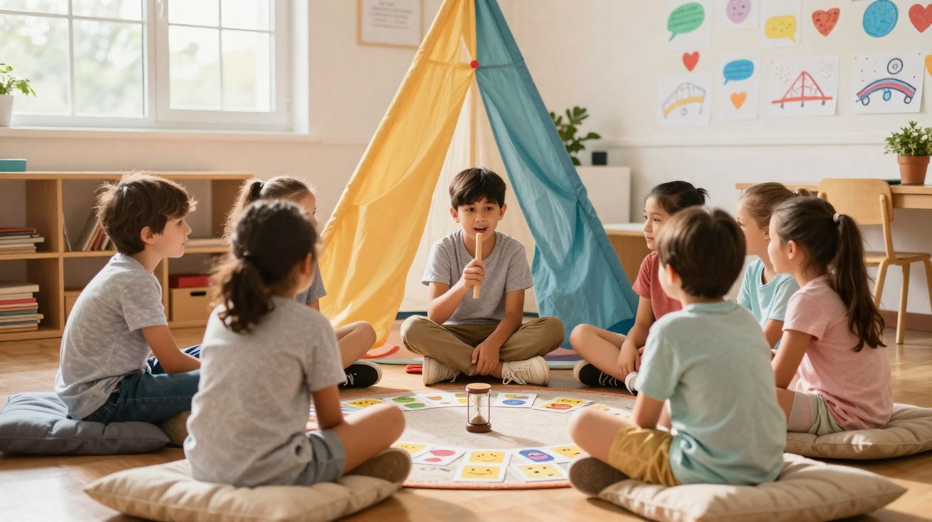 Crianças sentadas em círculo no chão de uma sala colorida com tenda, participando numa atividade de grupo.