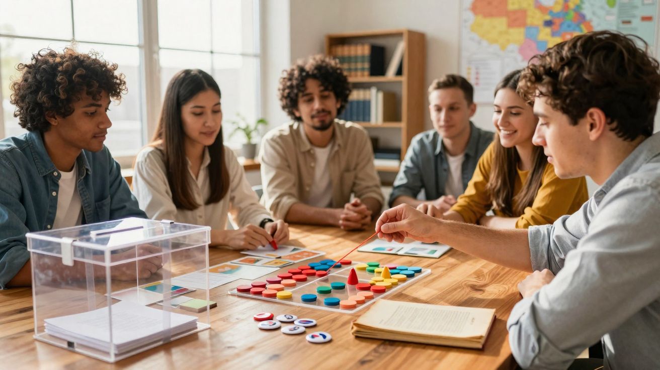 Grupo de jovens a jogar jogo de tabuleiro numa mesa com fichas coloridas e boletim de voto.