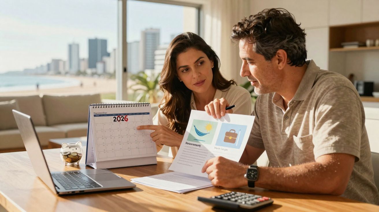 Casal jovem discute renovação de contrato com calendário de 2026 e documentos numa mesa com computador portátil.