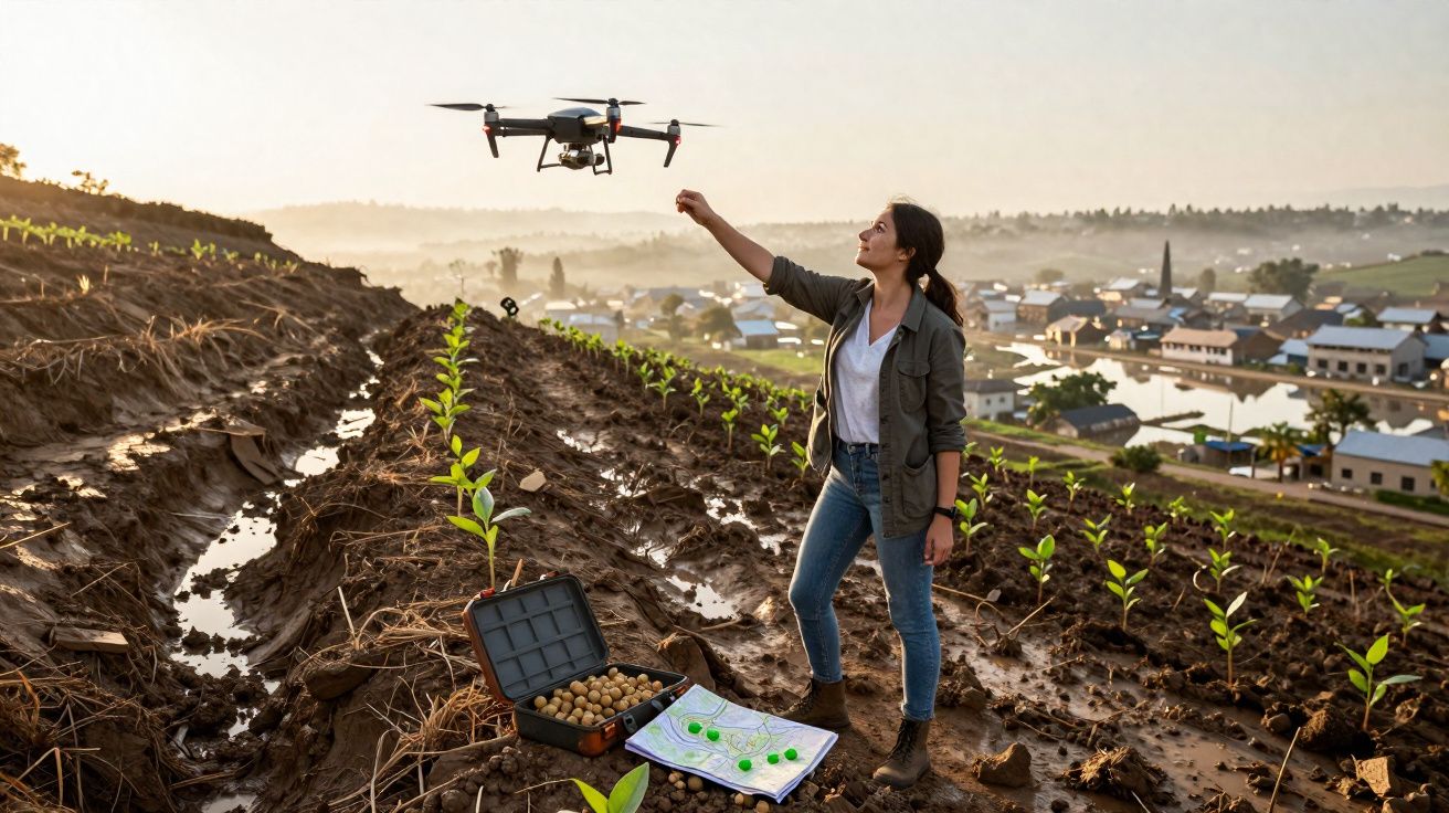Mulher controla drone num campo agrícola com plantas pequenas e mapas no solo ao pôr do sol.