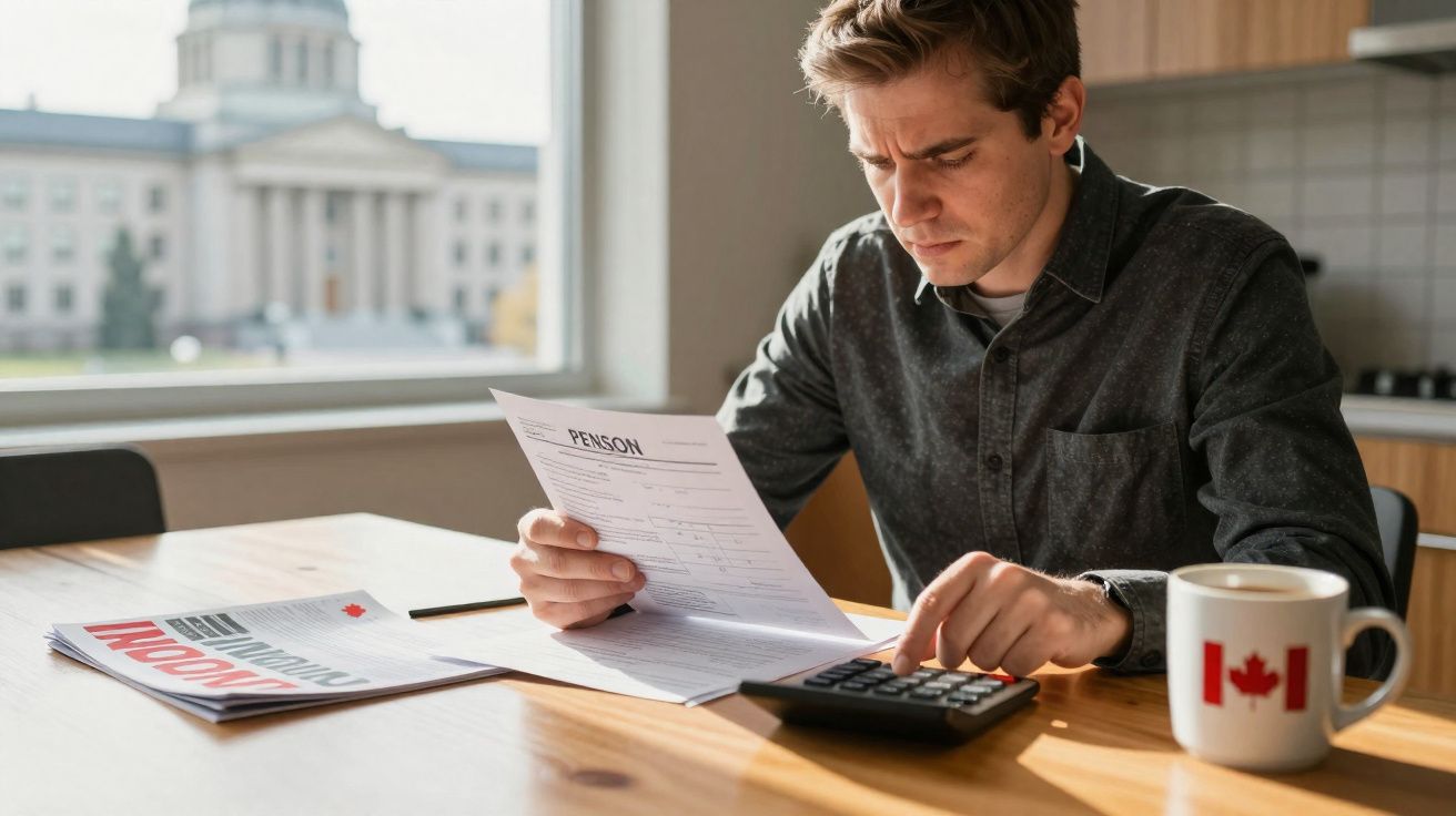 Homem jovem a calcular finanças sentado à mesa com documentos e chávena com bandeira do Canadá.