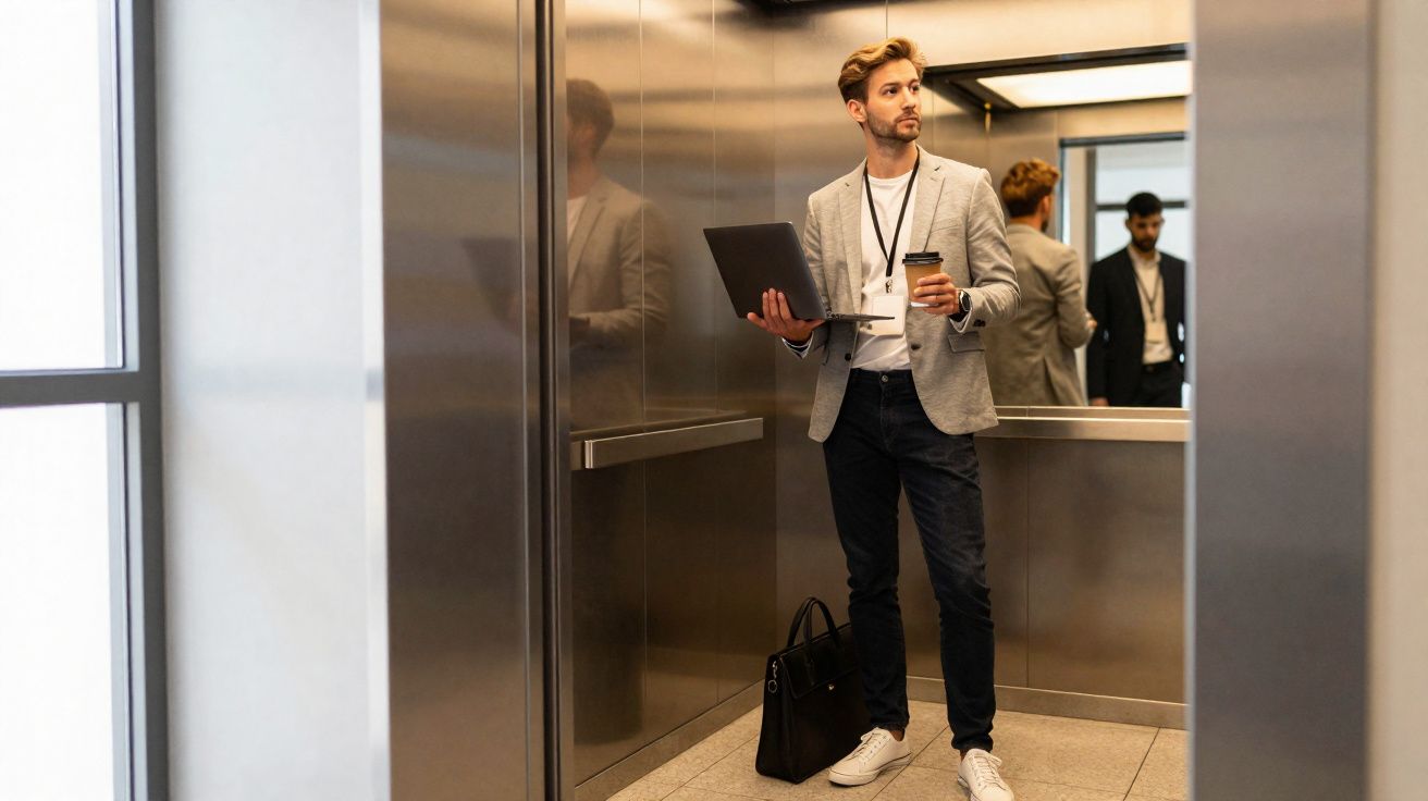 Homem de negócios com portátil e café em mão dentro de elevador moderno em escritório.