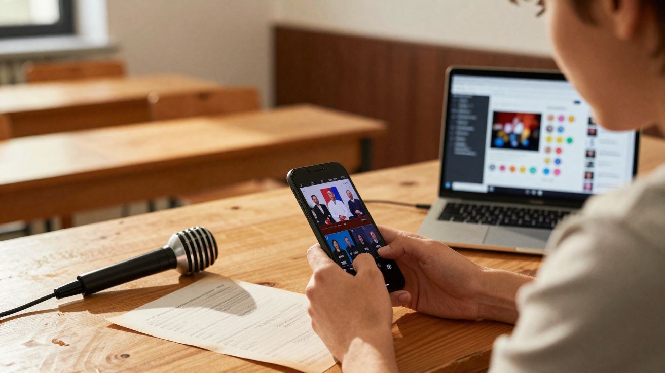 Pessoa a usar telemóvel com reunião virtual, microfone e computador num ambiente de trabalho ou aula.