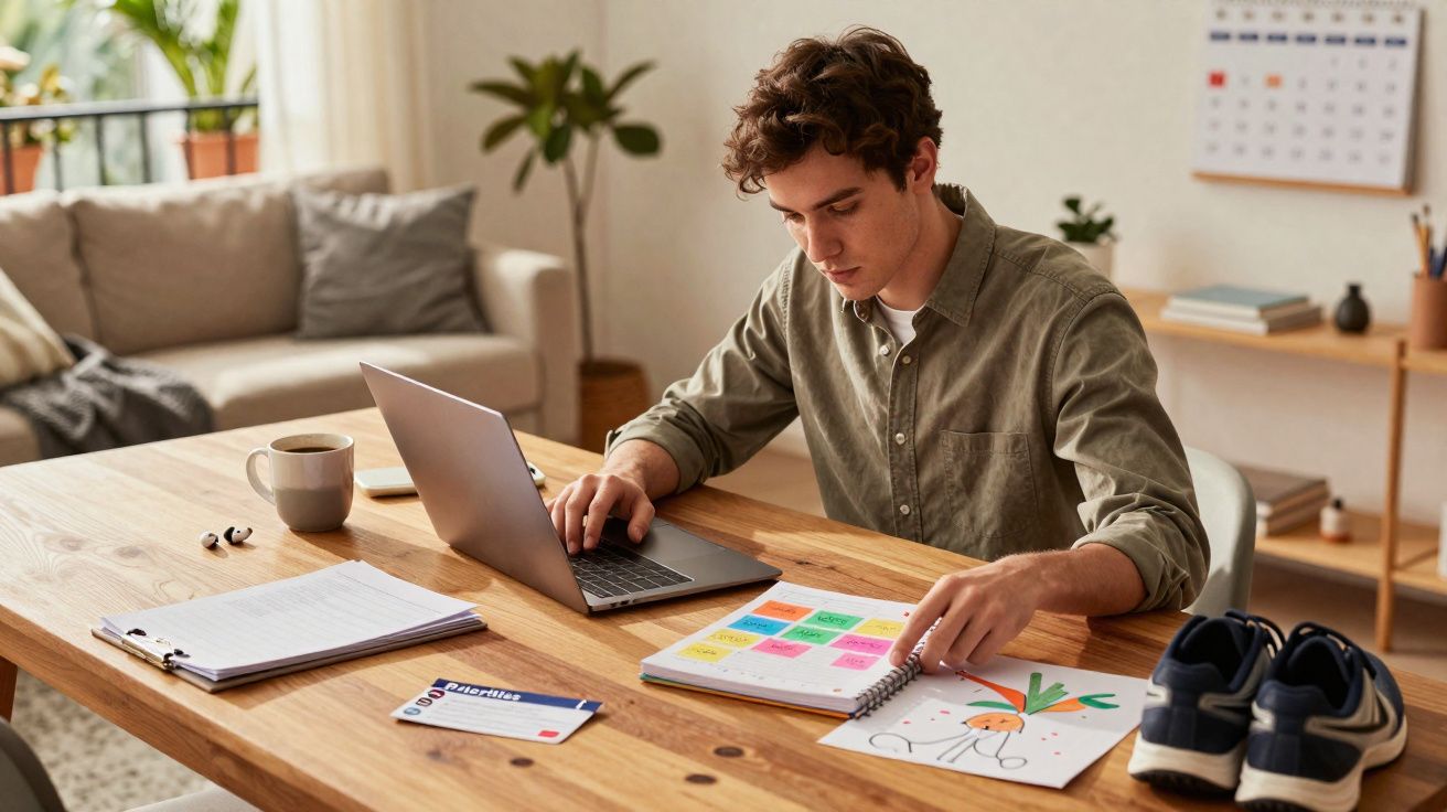 Jovem a trabalhar em teletrabalho numa mesa com portátil, caderno, café e ténis num ambiente doméstico.
