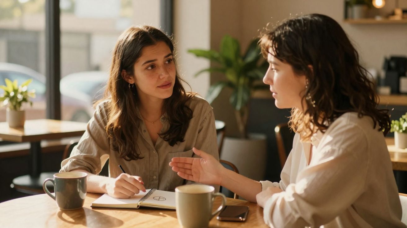 Duas mulheres conversam num café, uma toma notas enquanto a outra fala, ambiente iluminado e acolhedor.