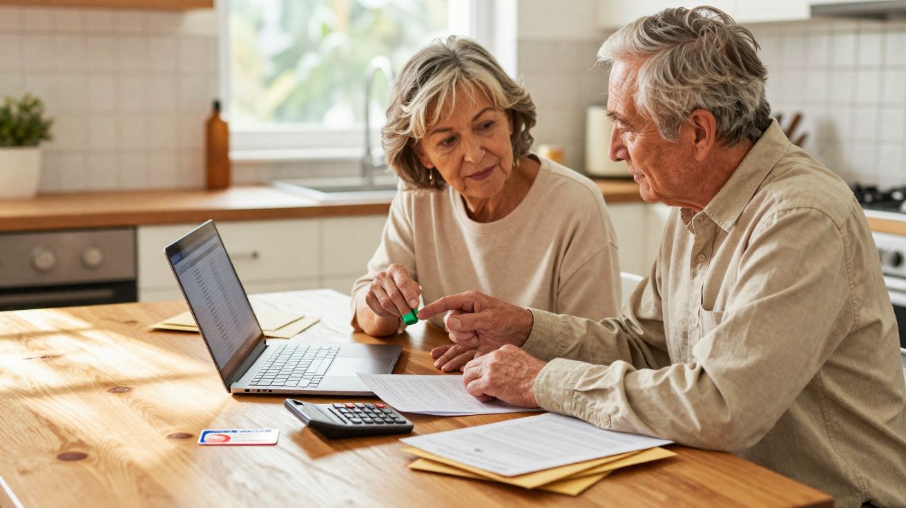 Casal sénior a analisar documentos com uma calculadora e um computador portátil numa cozinha iluminada.