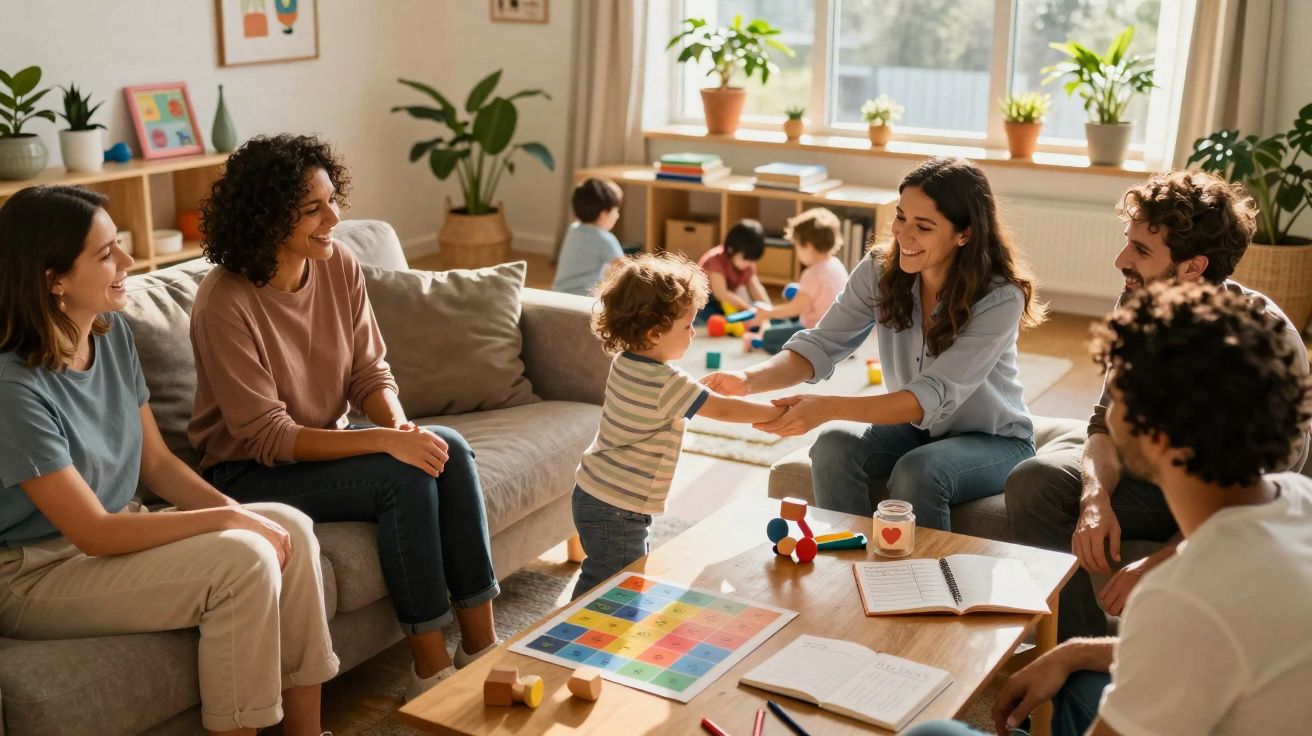 Grupo de adultos e crianças a socializar numa sala iluminada e acolhedora com jogos de tabuleiro.