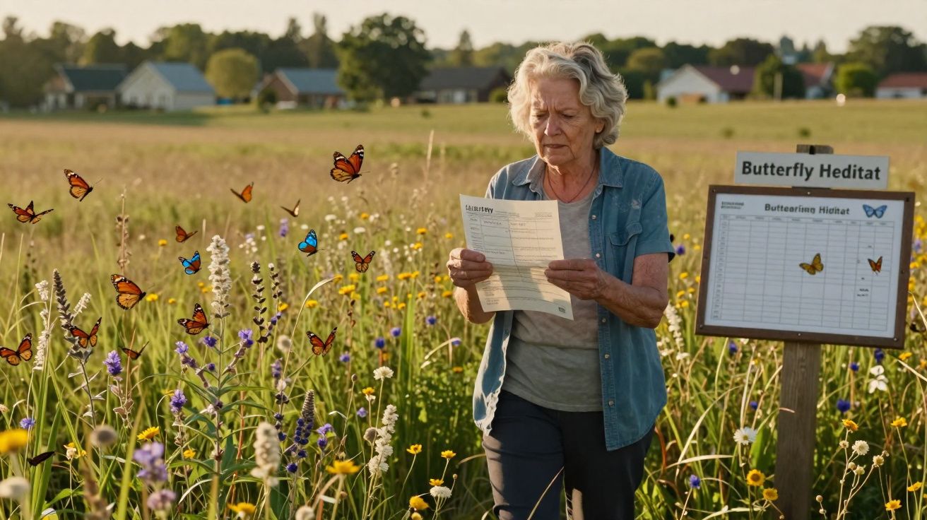 Mulher idosa observa folha num campo florido com várias borboletas e Cartaz de Habitats de Borboletas ao fundo.