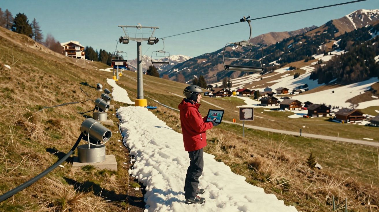 Homem com capacete e casaco vermelho consulta tablet numa pista de ski com neve escassa e montanhas ao fundo.