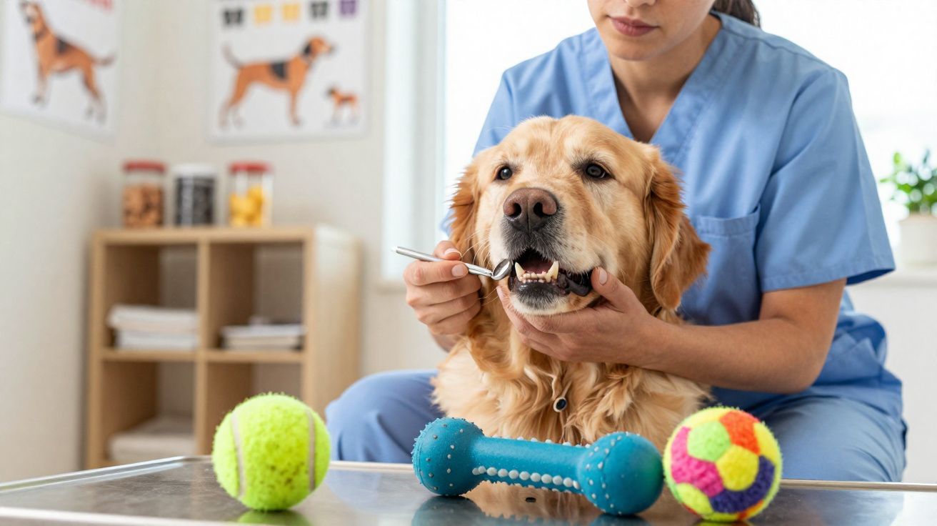 Veterinária a examinar a boca de um cão dourado numa clínica com brinquedos na mesa.