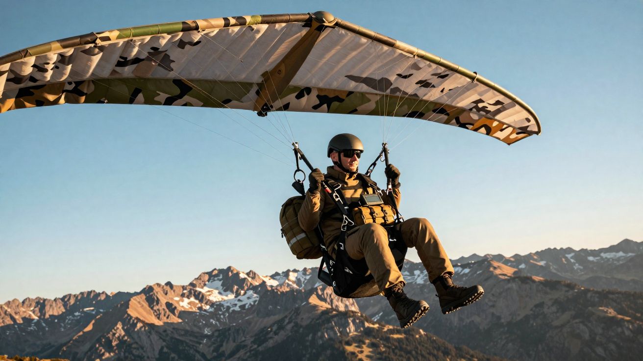 Homem com equipamento militar pratica parapente sobre montanhas com picos neve ao pôr do sol.