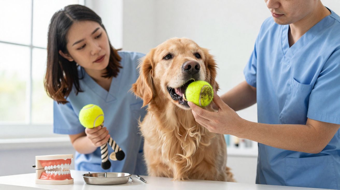 Dois veterinários examinam e seguram bolas para um cão golden retriever numa clínica veterinária.