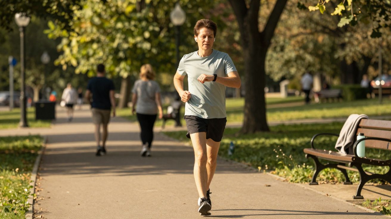 Homem a correr num parque com árvores e pessoas a caminhar ao fundo num dia ensolarado.