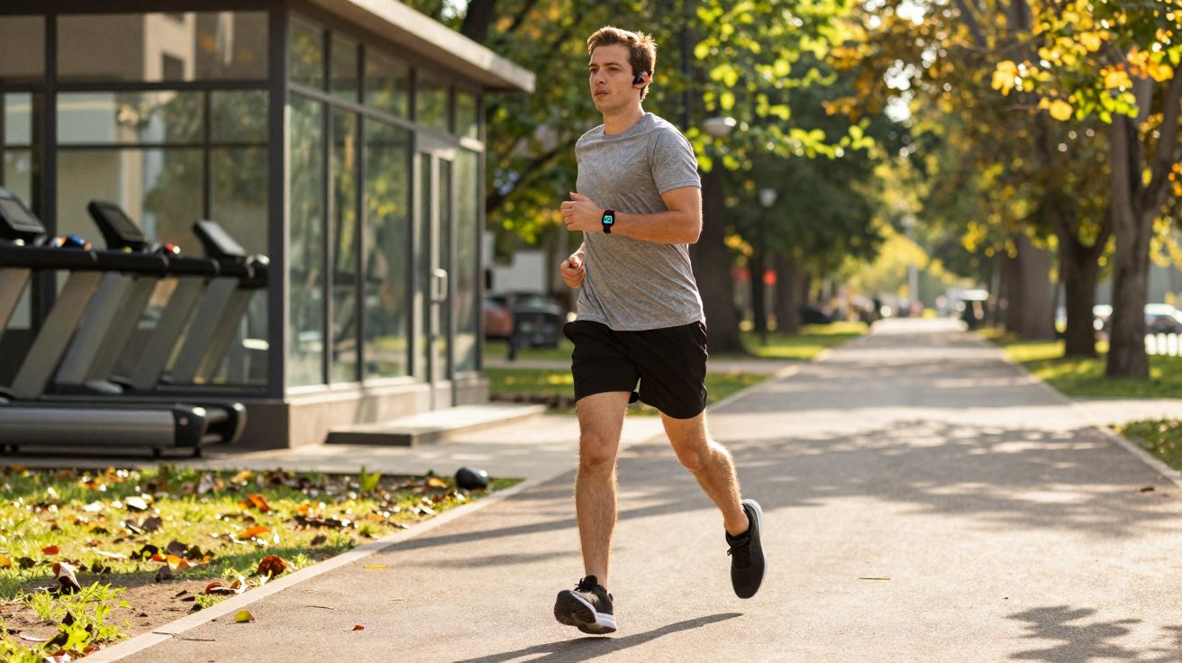 Homem a correr de roupa desportiva num passeio urbano arborizado com máquinas de ginásio ao fundo.