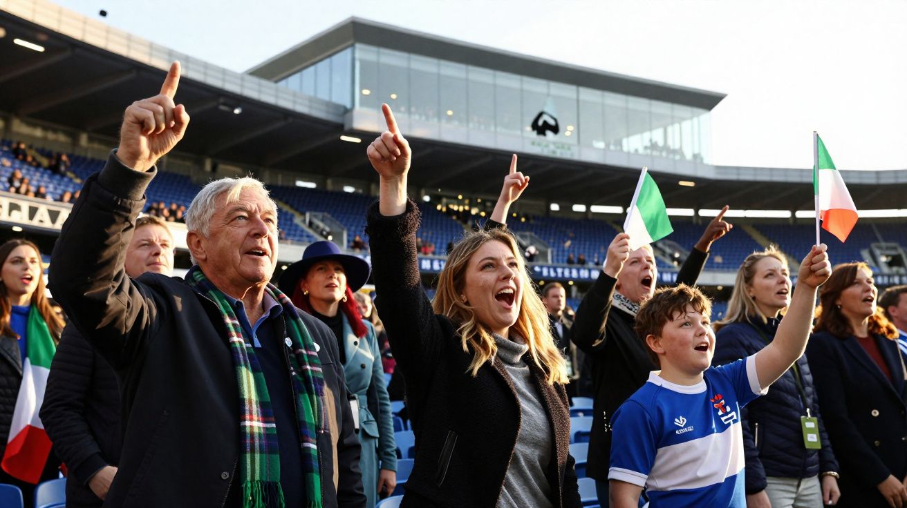 Adeptos entusiastas a torcer em estádio, alguns com bandeiras da Irlanda e roupas coloridas.