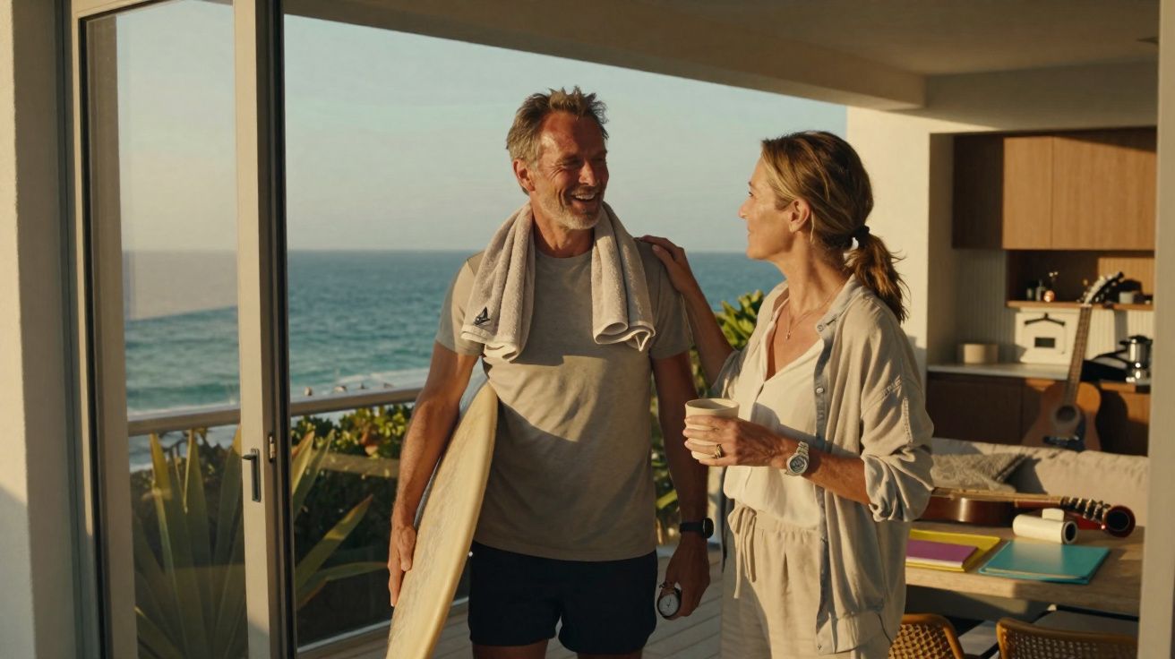 Casal sorridente conversa numa varanda com vista para o mar ao pôr do sol.