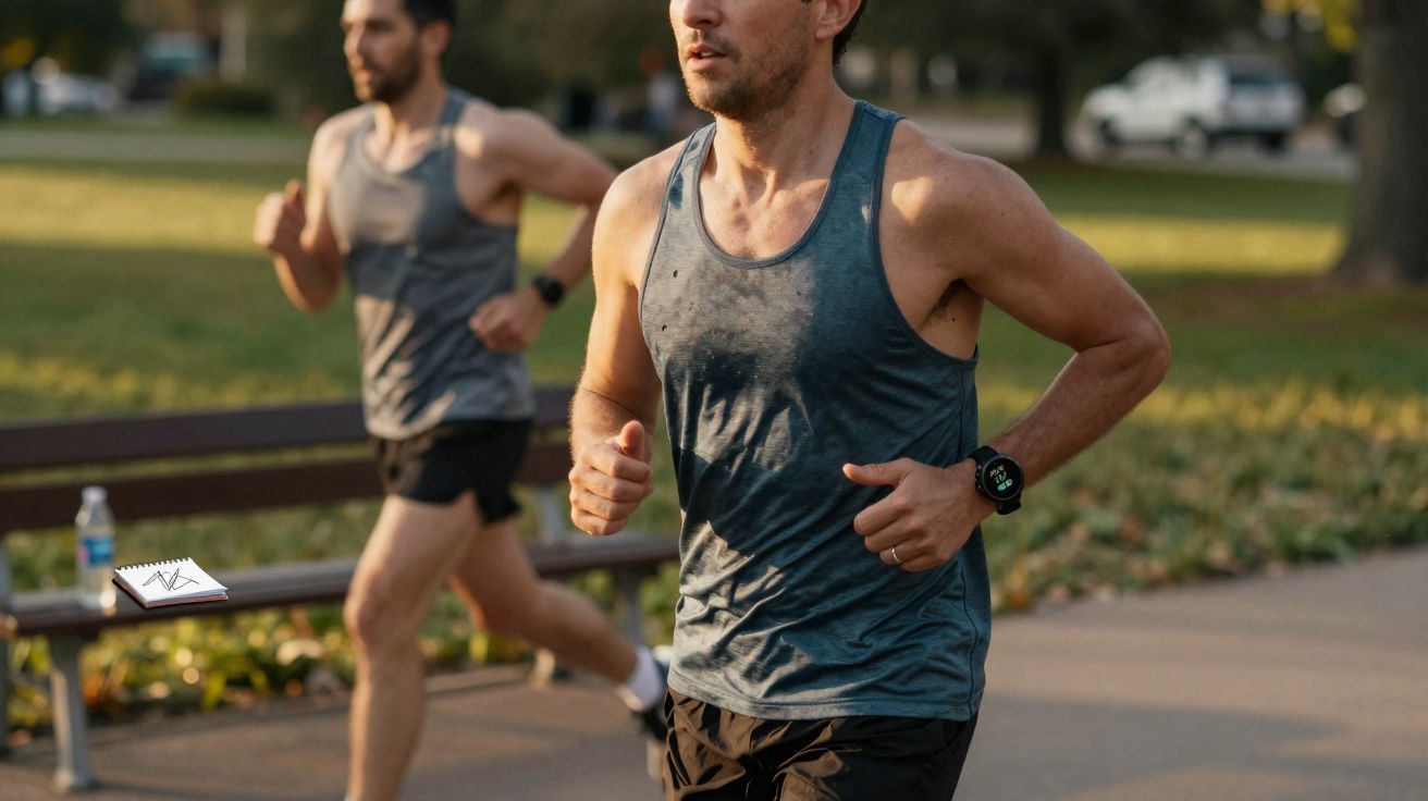 Dois homens a correr no parque com roupa desportiva e relógios inteligentes ao pulso.