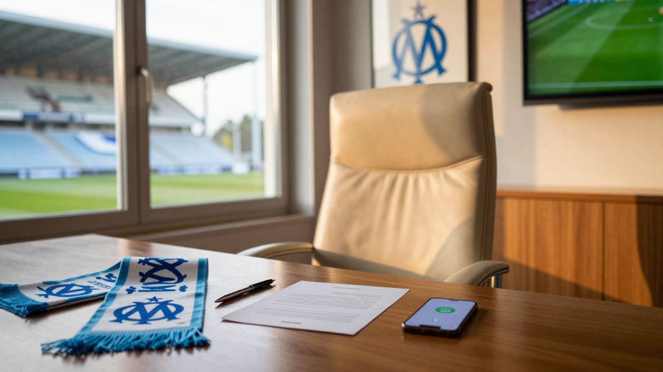 Mesa de escritório com cadeirão, documento, caneta, telemóvel e cachecol em ambiente com vista para estádio de futebol.