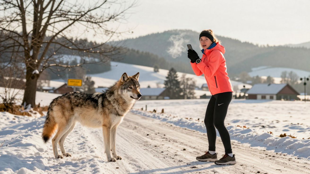 Mulher surpreendida por um lobo numa estrada nevada numa paisagem rural de inverno.