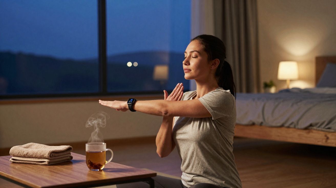 Mulher a meditar sentada no chão ao lado de uma mesa com chá e toalhas numa noite tranquila.