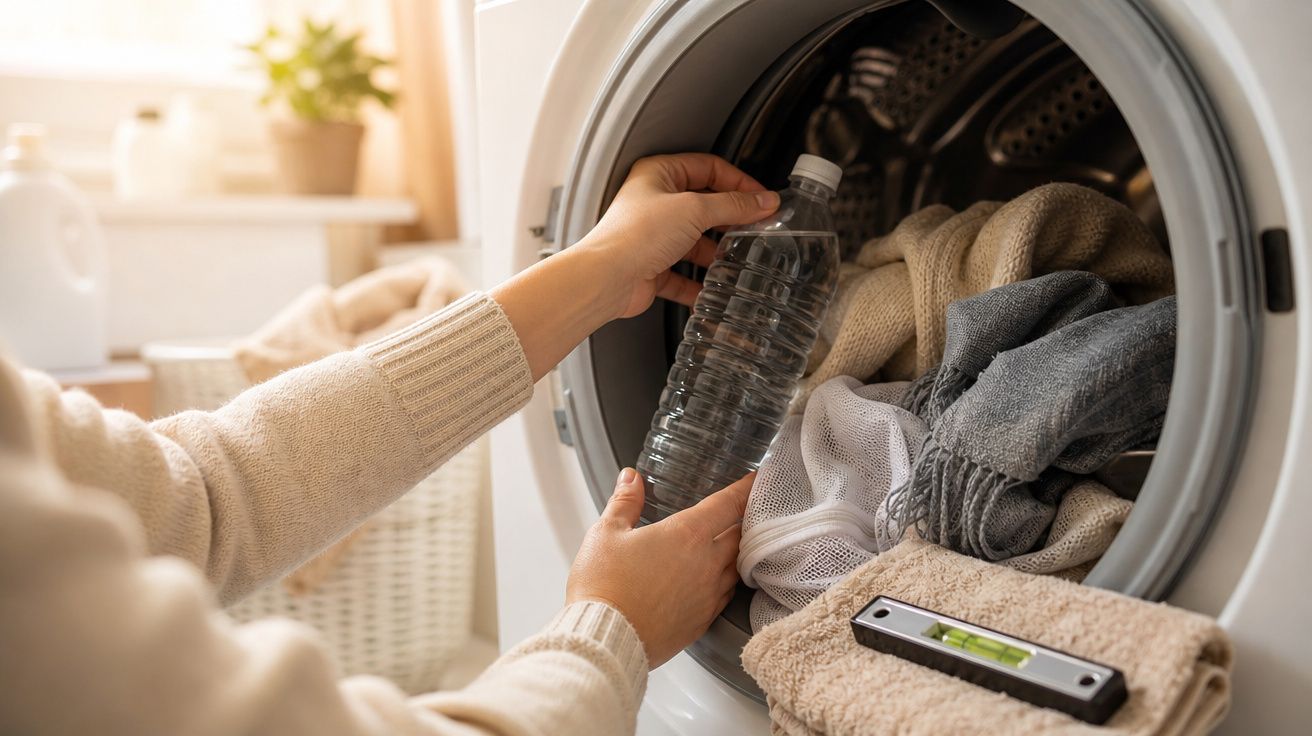 Pessoa a colocar garrafa de plástico numa máquina de lavar roupa com roupas no interior, em ambiente doméstico.