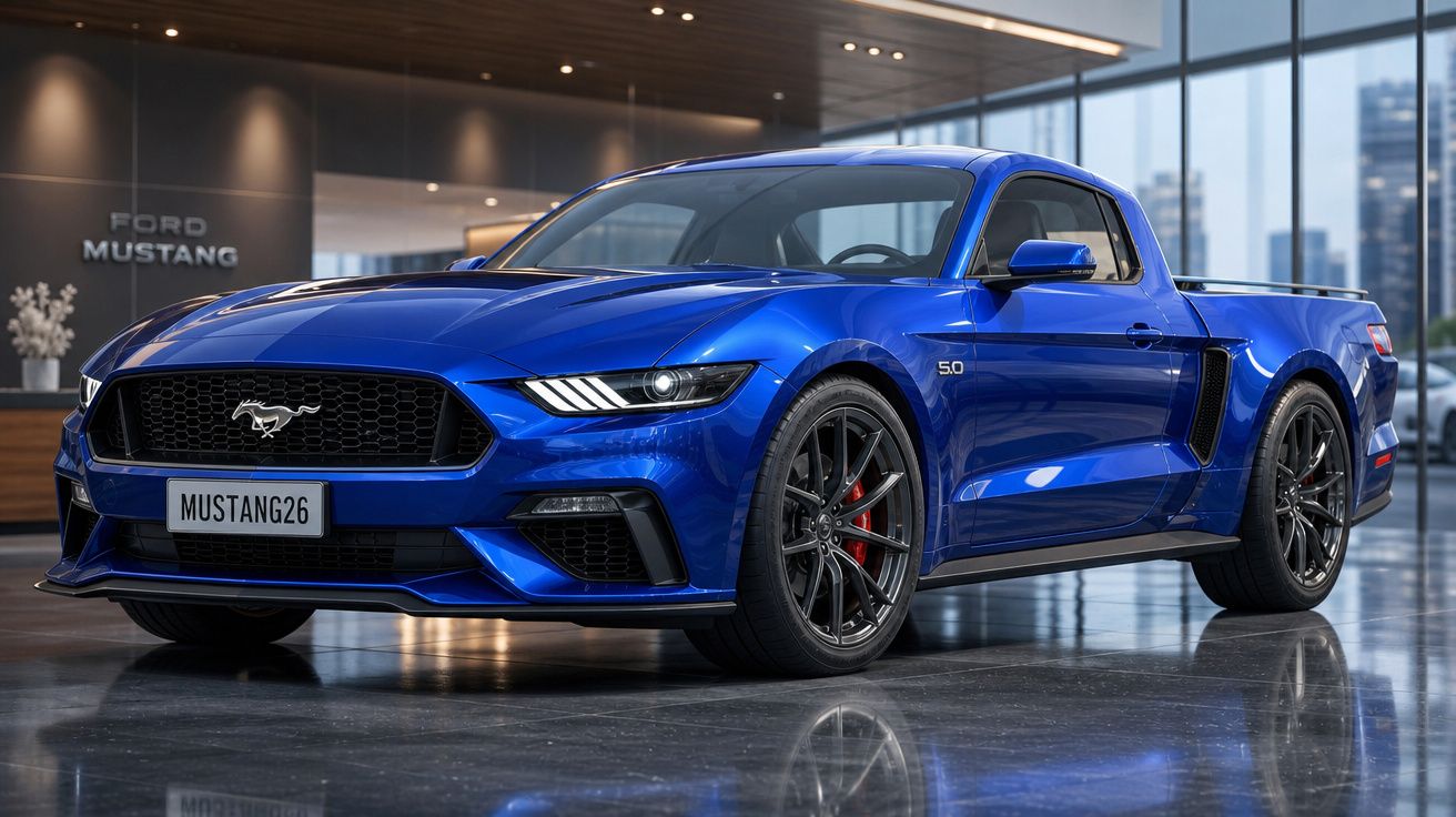 Ford Mustang azul brilhante 2026 em exposição numa sala moderna com piso refletor.