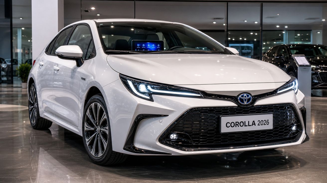 Carro Toyota Corolla 2026 branco, moderno, em exposição num salão automóvel iluminado.