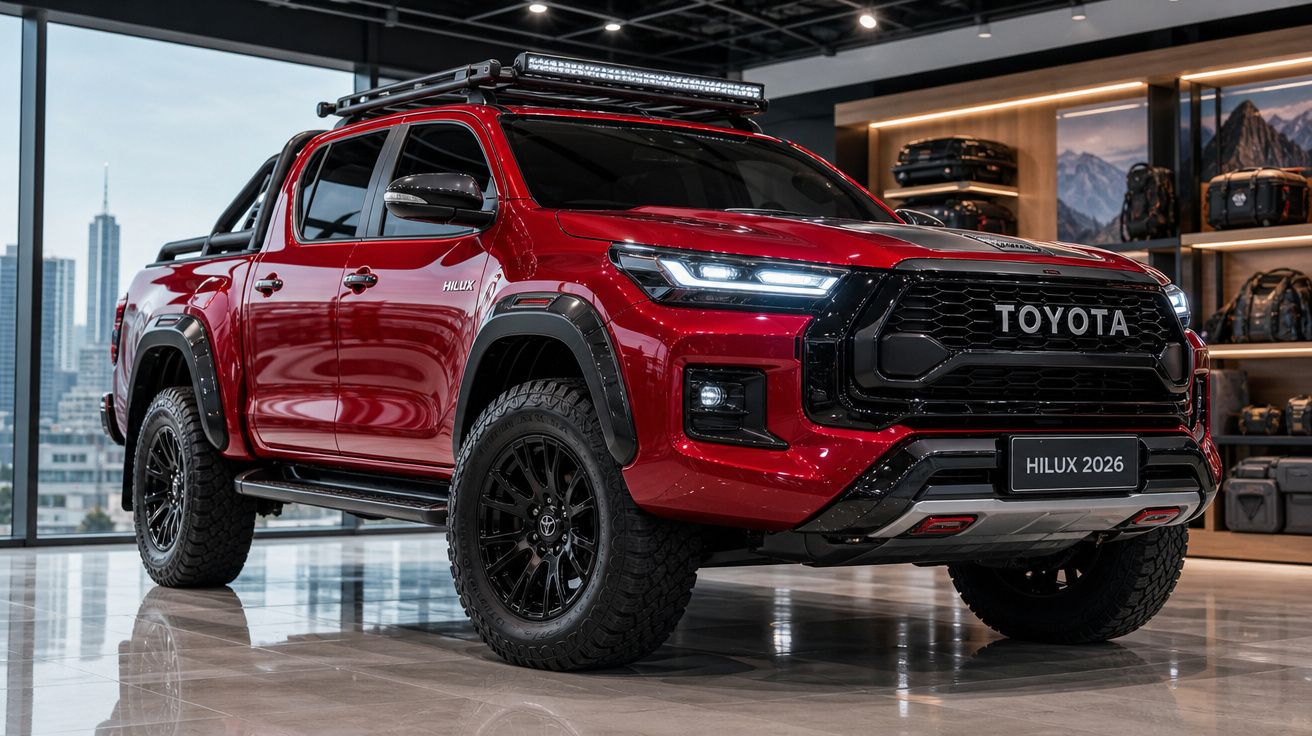 Pick-up Toyota Hilux vermelha 2026 em showroom moderno com pneus off-road e barras no tejadilho.