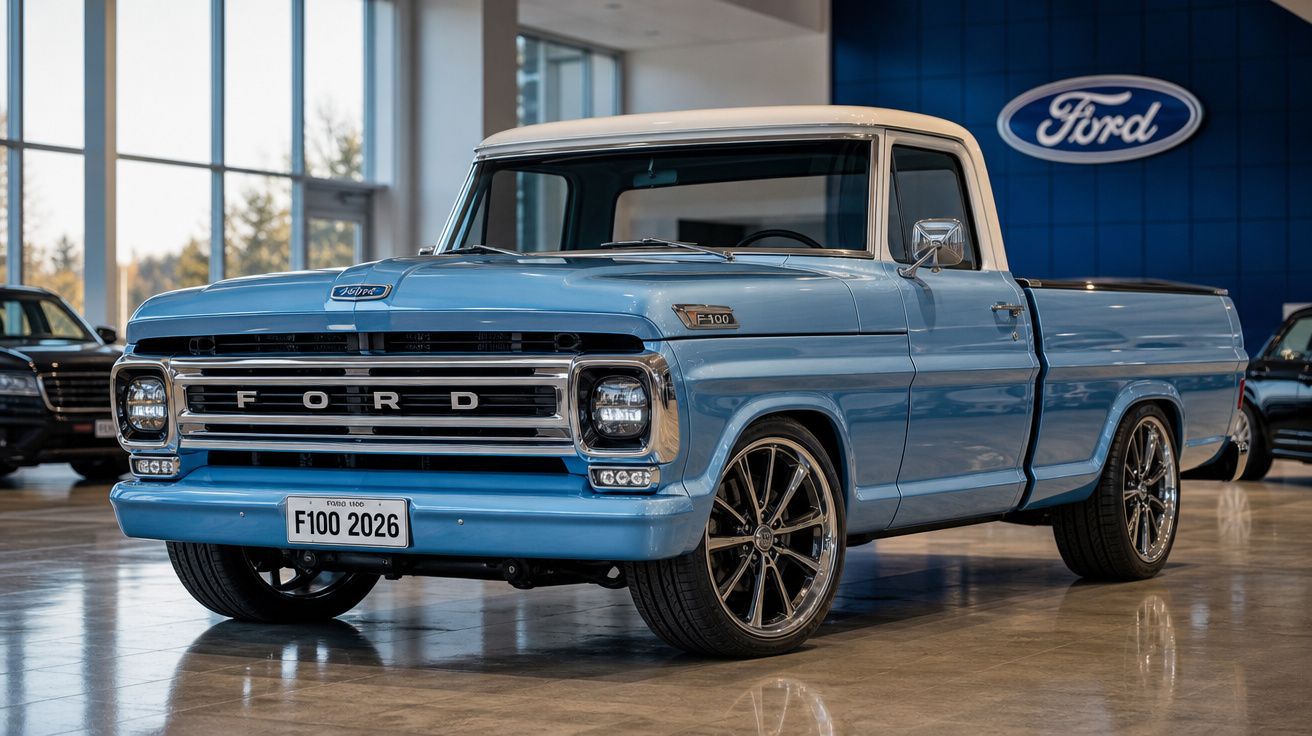 Picape Ford F-100 azul clara com tejadilho branco em showroom Ford.