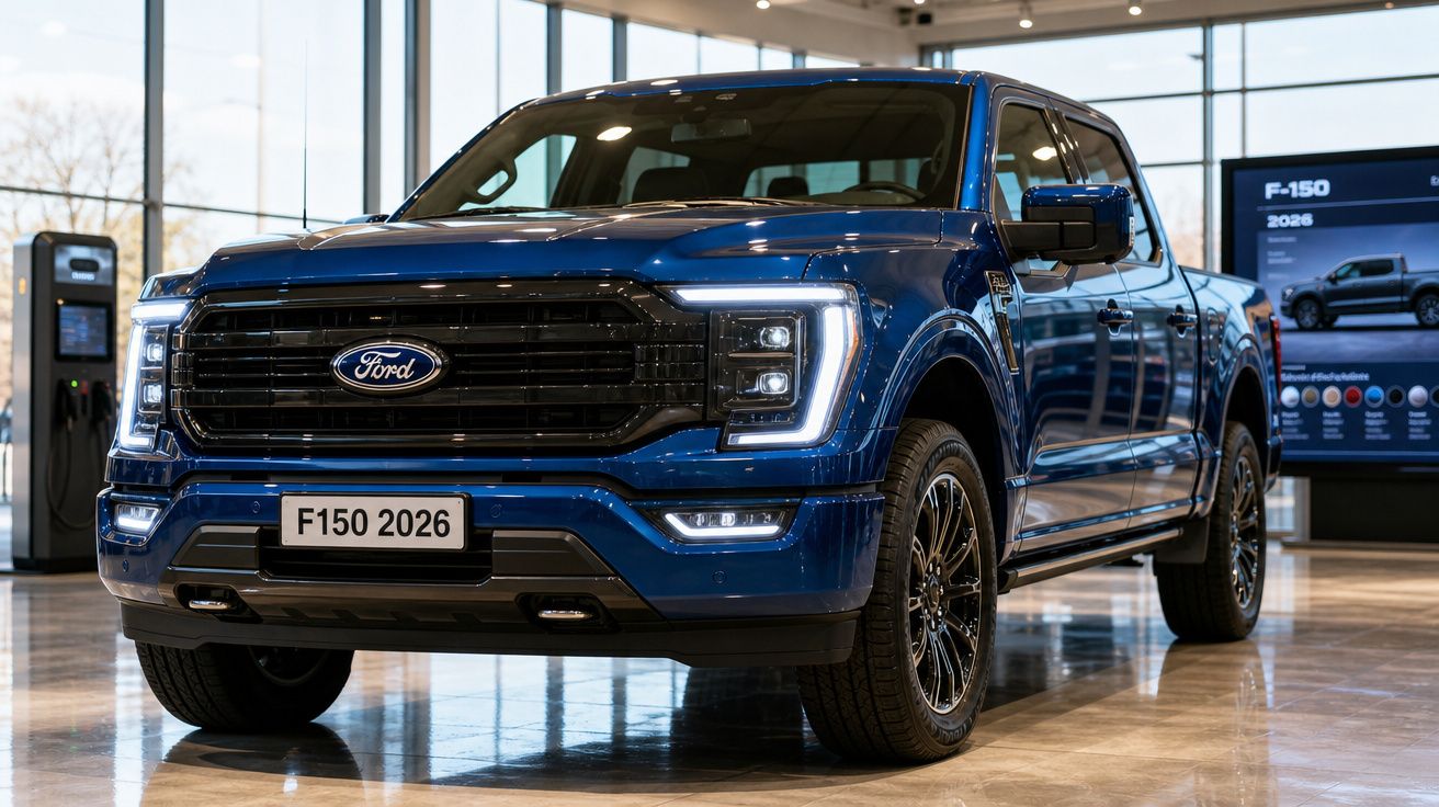 Picape Ford F150 2026 azul exibida em showroom moderno com vidro e iluminação natural.