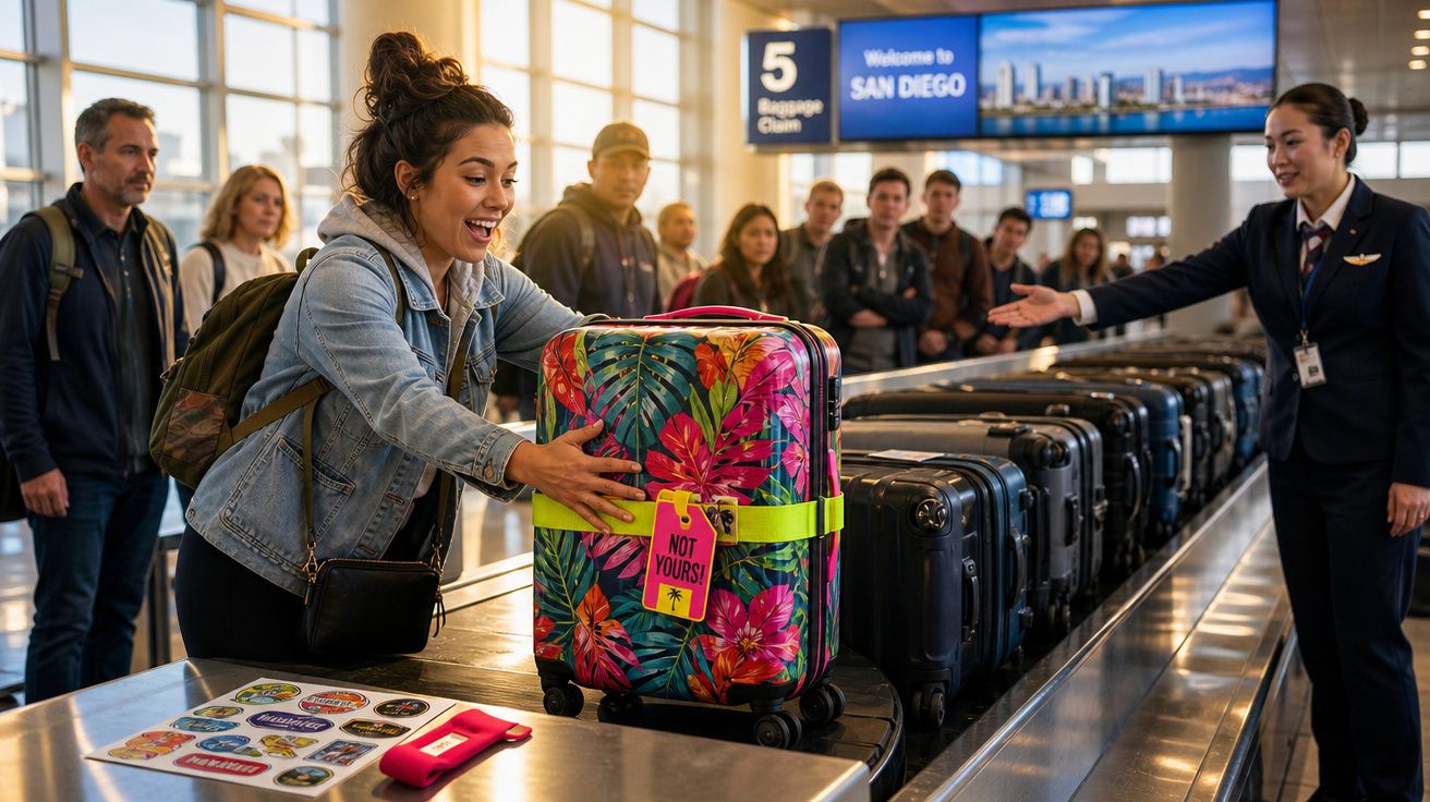 Mulher sorridente verifica mala colorida com etiqueta "Not Yours" na esteira de bagagens no aeroporto.