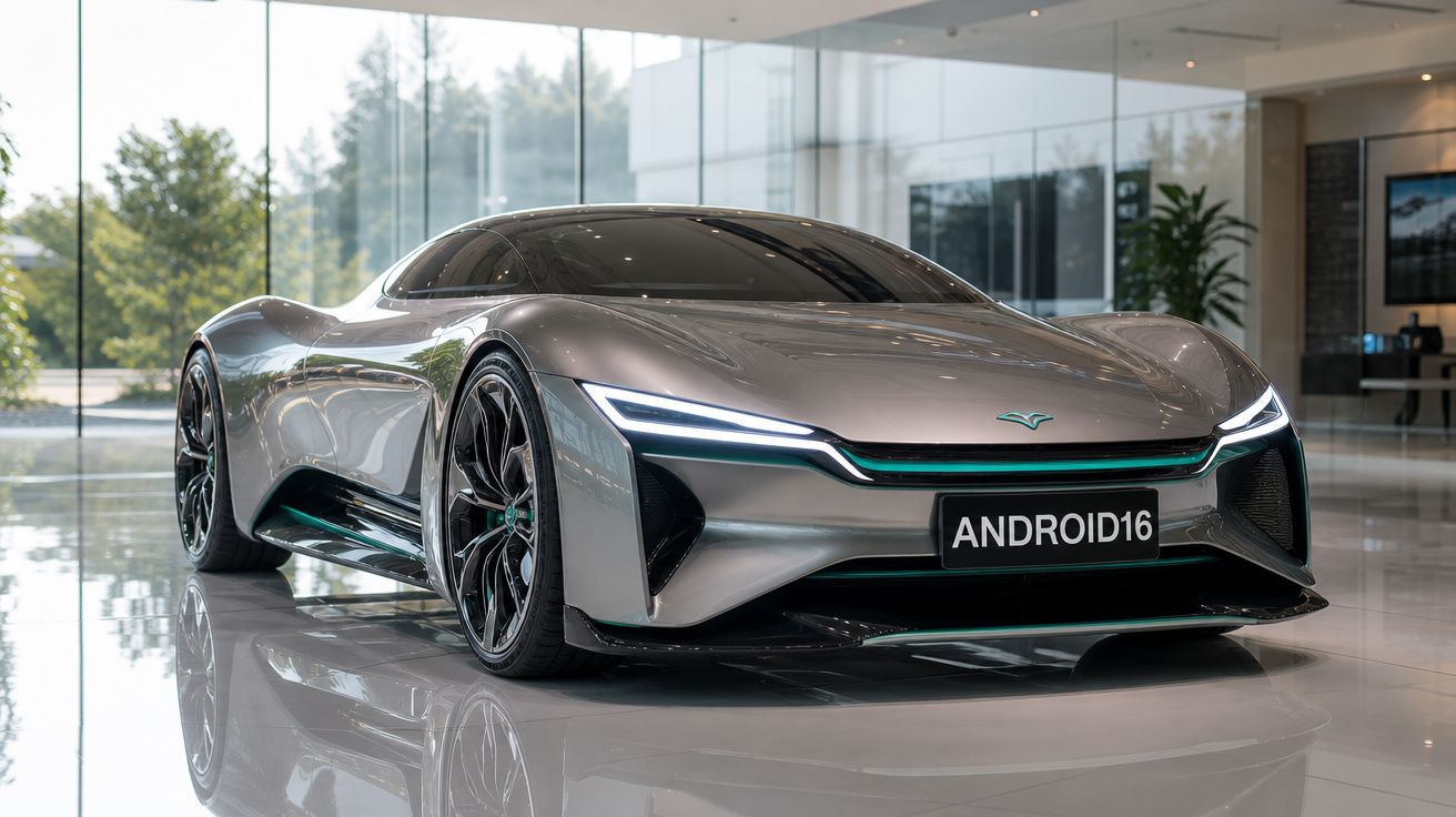 Carro elétrico futurista prateado estacionado numa sala com grandes janelas e piso brilhante.