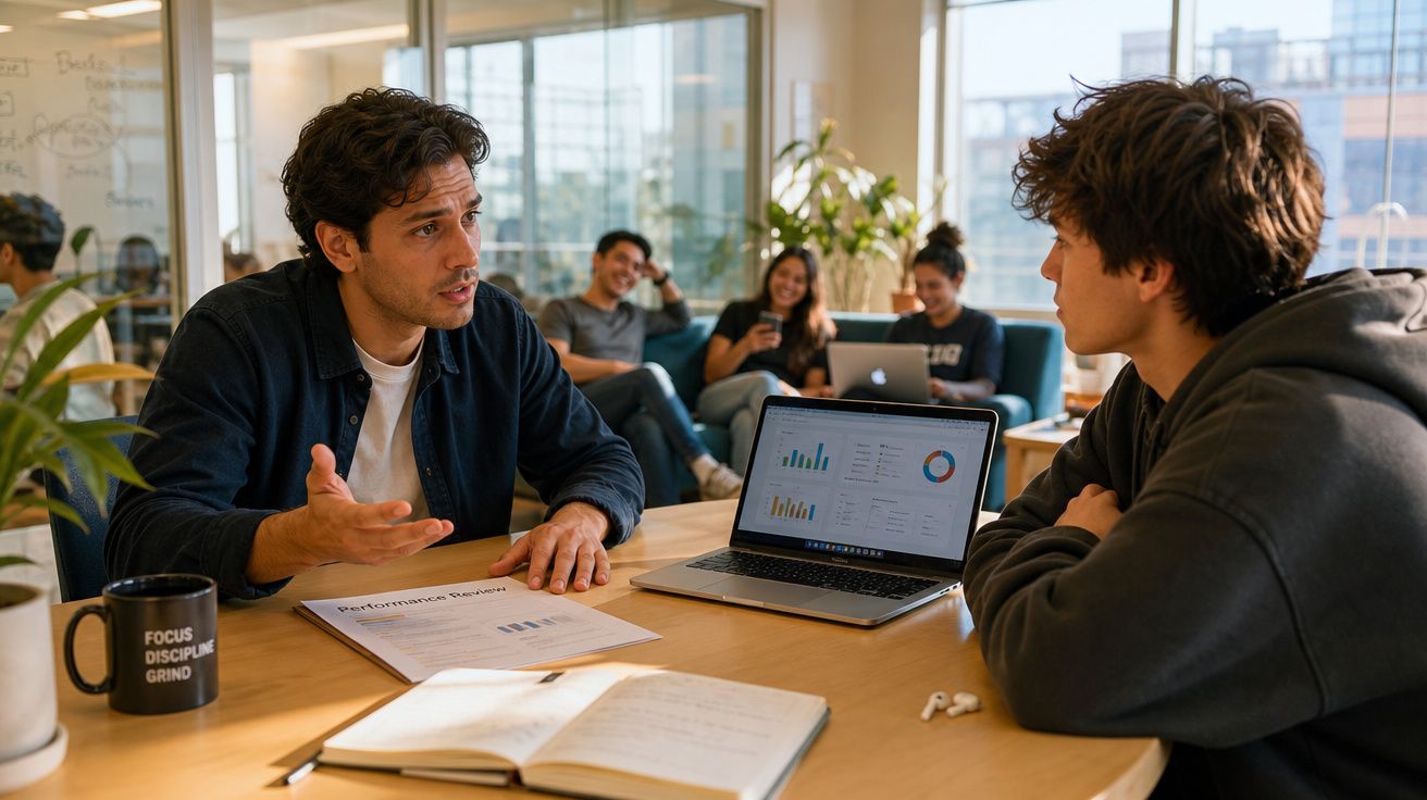 Duas pessoas discutem gráficos de desempenho num escritório com grupo a trabalhar ao fundo.