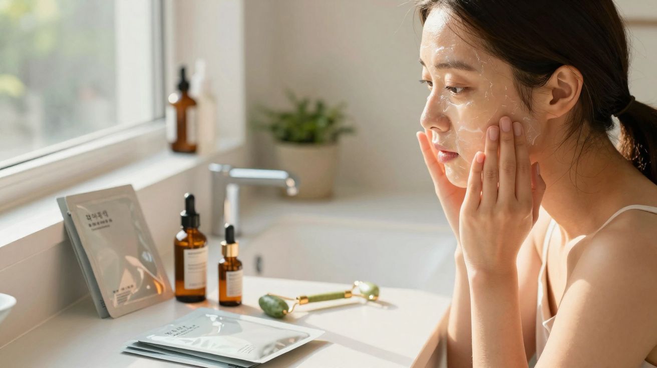 Mulher a aplicar máscara facial num banheiro com produtos de cuidados de pele na bancada.