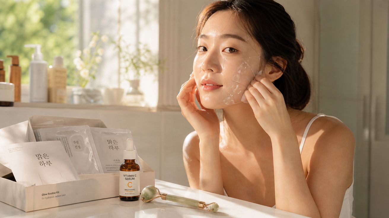 Mulher aplica máscara facial transparente, ao lado de produtos de cuidado de pele em ambiente iluminado.