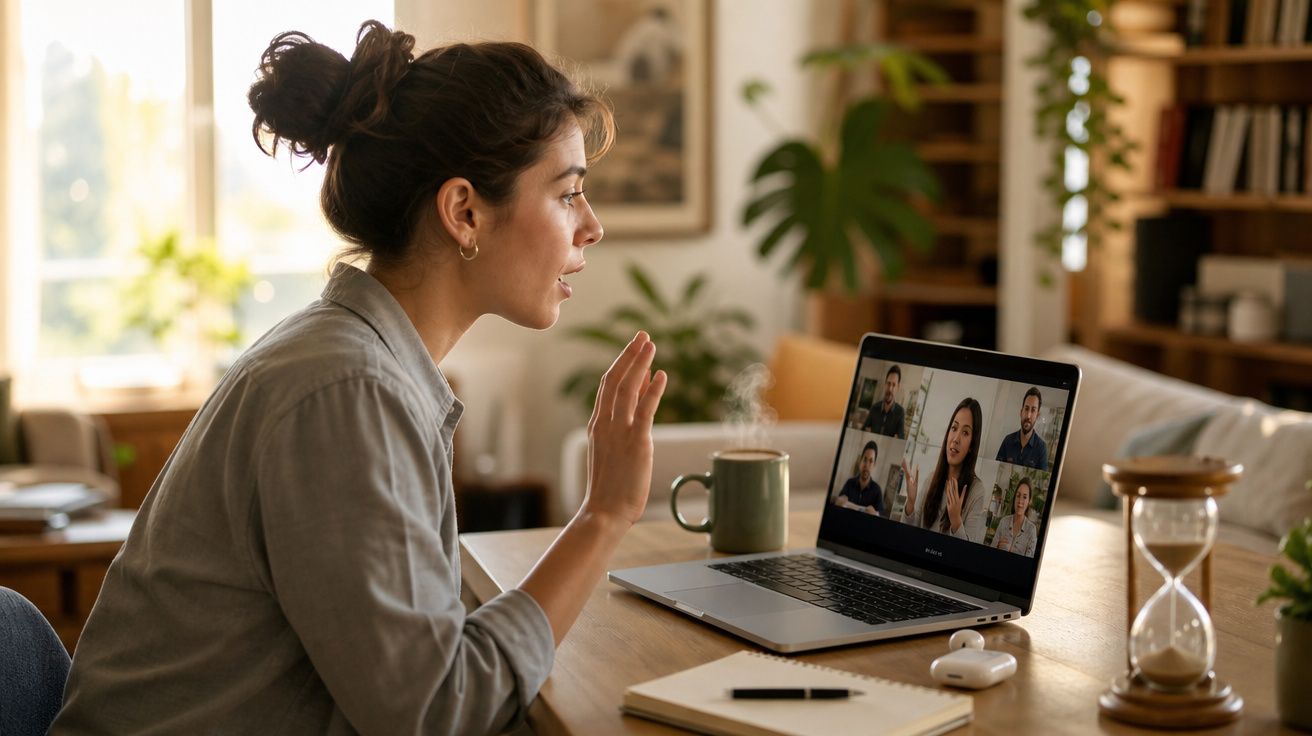 Mulher em videoconferência num computador portátil, gesticulando enquanto fala numa mesa com objetos diversos.