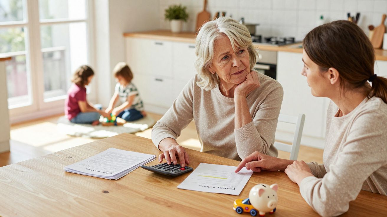 Duas mulheres discutem finanças numa mesa, com crianças a brincar ao fundo numa cozinha iluminada.