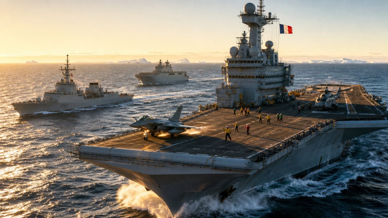Porta-aviões francês em mar aberto ao pôr do sol com caça F-35 e navios de escolta ao redor.