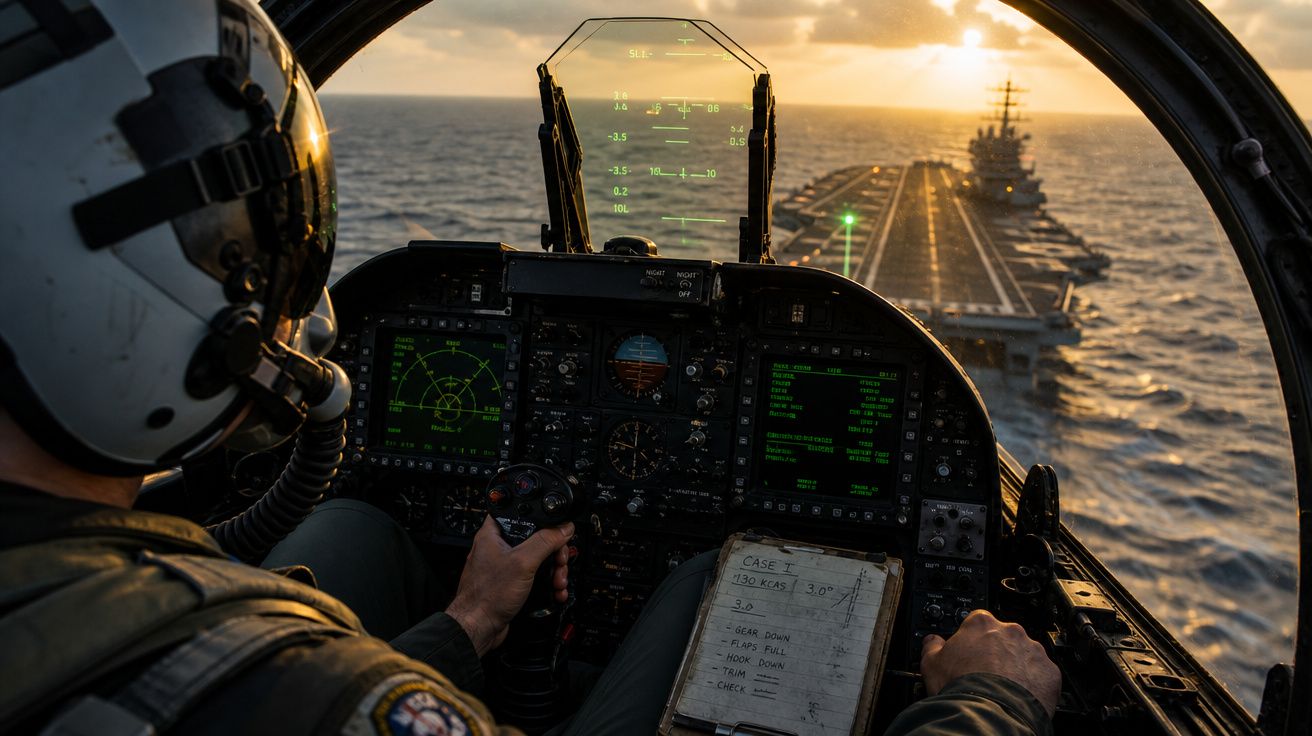 Piloto em cockpit de caça a aproximar-se de porta-aviões ao pôr do sol no mar aberto.