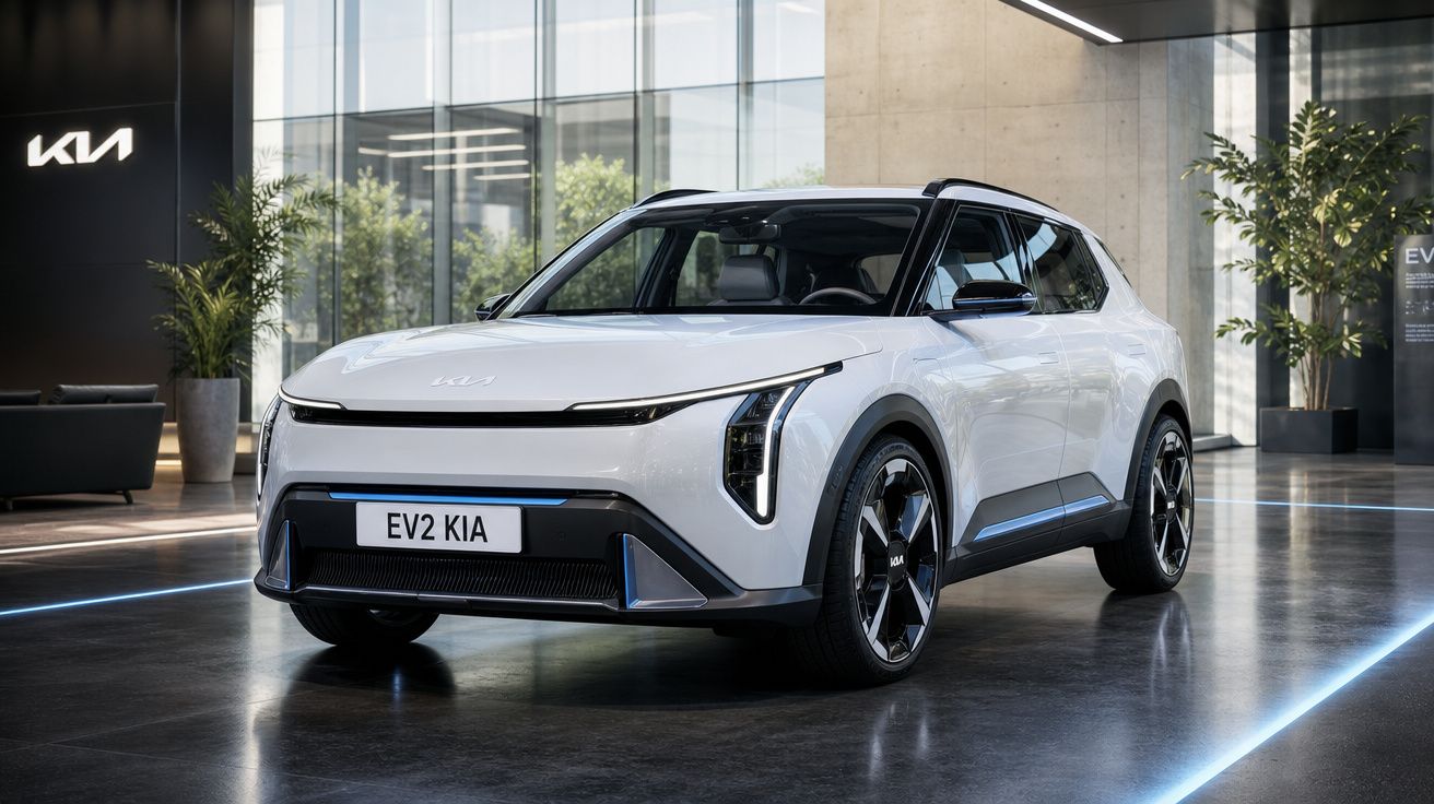 Carro elétrico branco KIA EV2 estacionado em showroom moderno com chão refletivo e plantas decorativas.