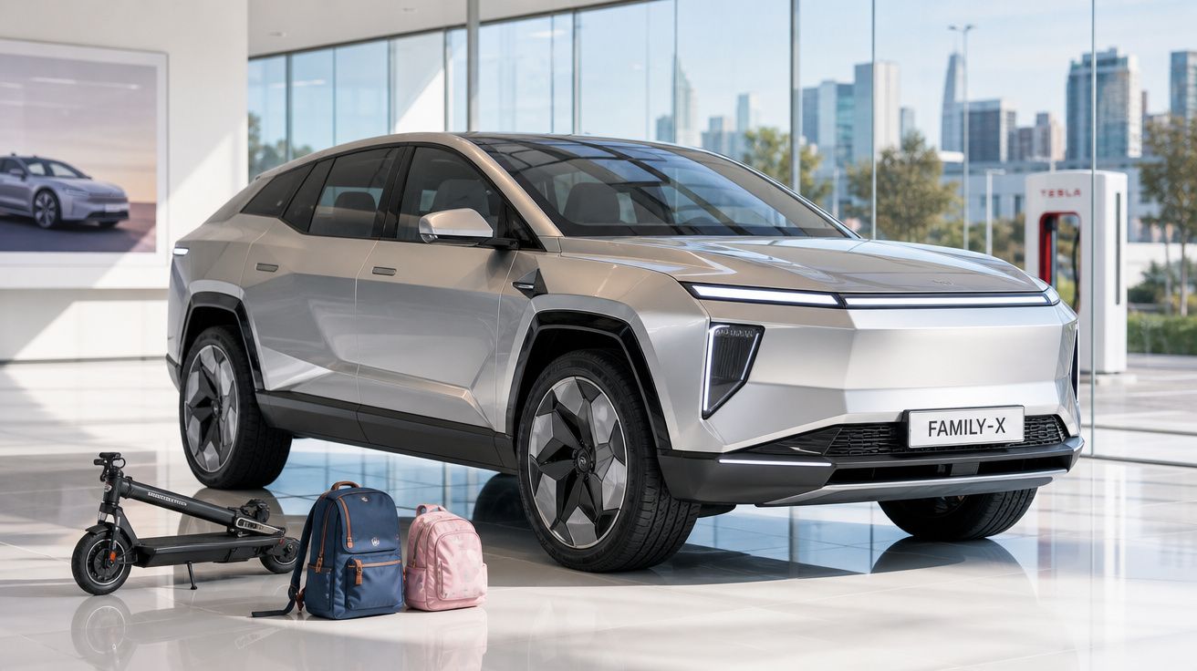 Carro elétrico cinza prata com design futurista, acompanhado de trotinetes e mochilas numa sala moderna com vista urbana.