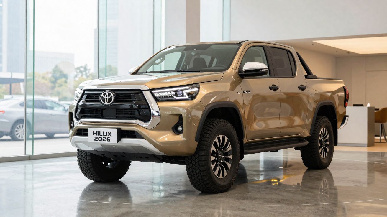 Pick-up Toyota Hilux 2026 dourada mostrada numa sala de exposição com chão polido e paredes claras.