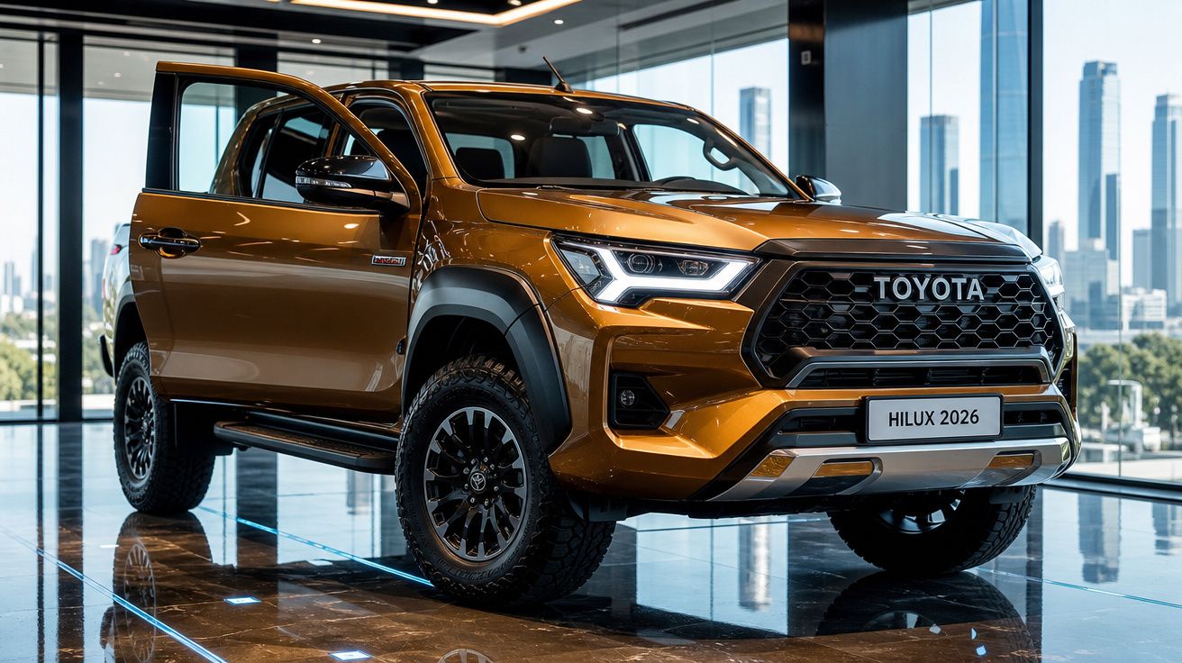 Toyota Hilux 2026 cor bronze exibida em showroom moderno com portas dianteiras abertas.