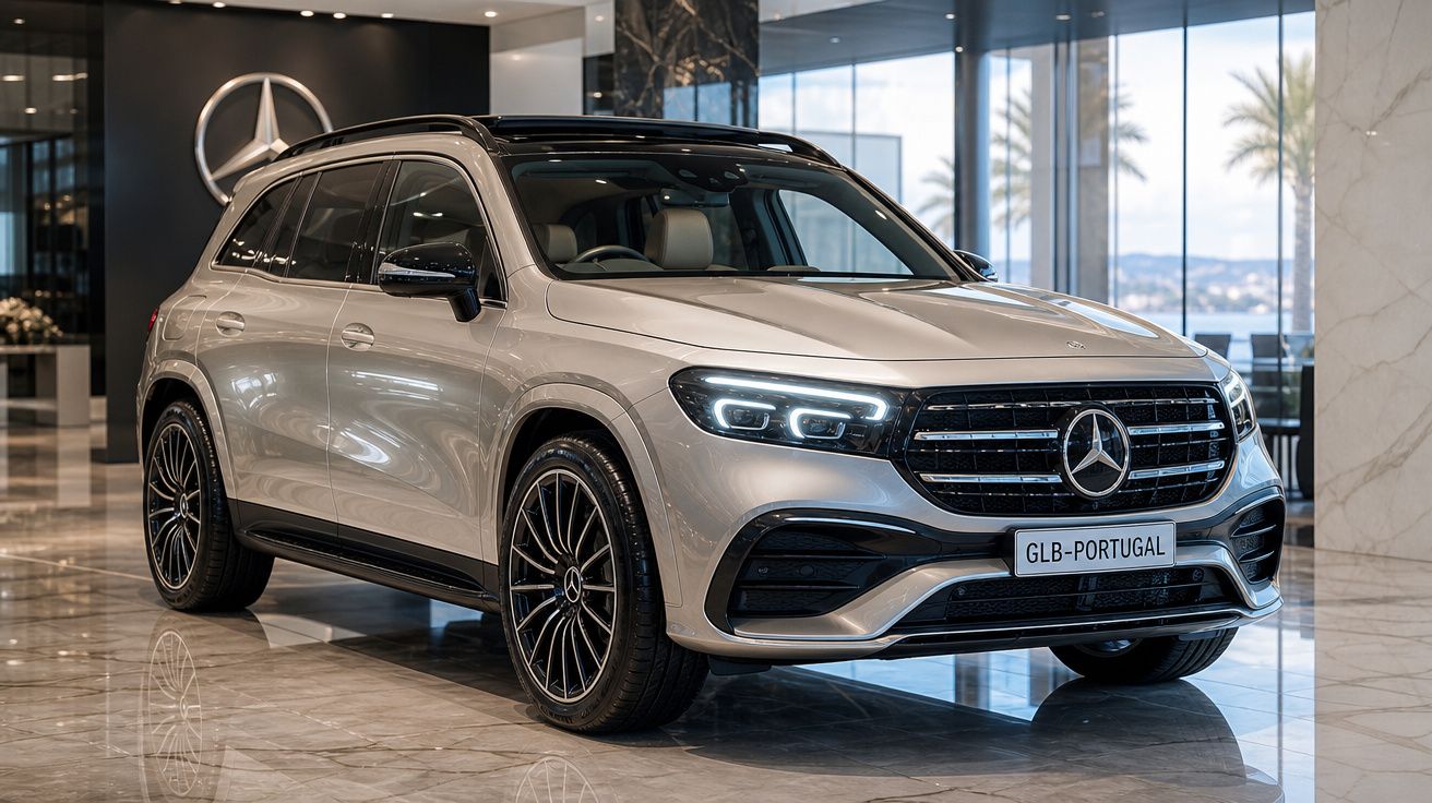 Carro SUV Mercedes-Benz GLB prata estacionado em salão moderno com piso em mármore e grandes janelas.