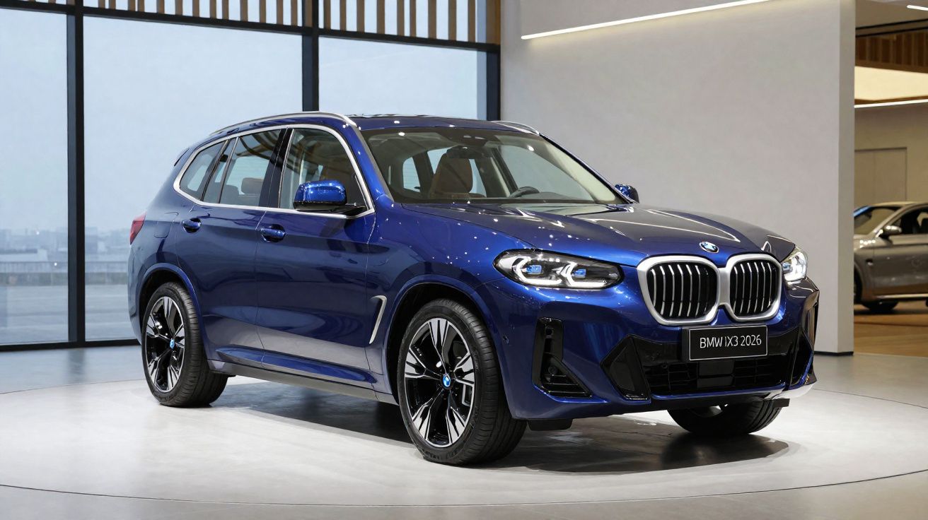 Carro BMW X3 azul 2026 em exposição interior com janelas grandes ao fundo.