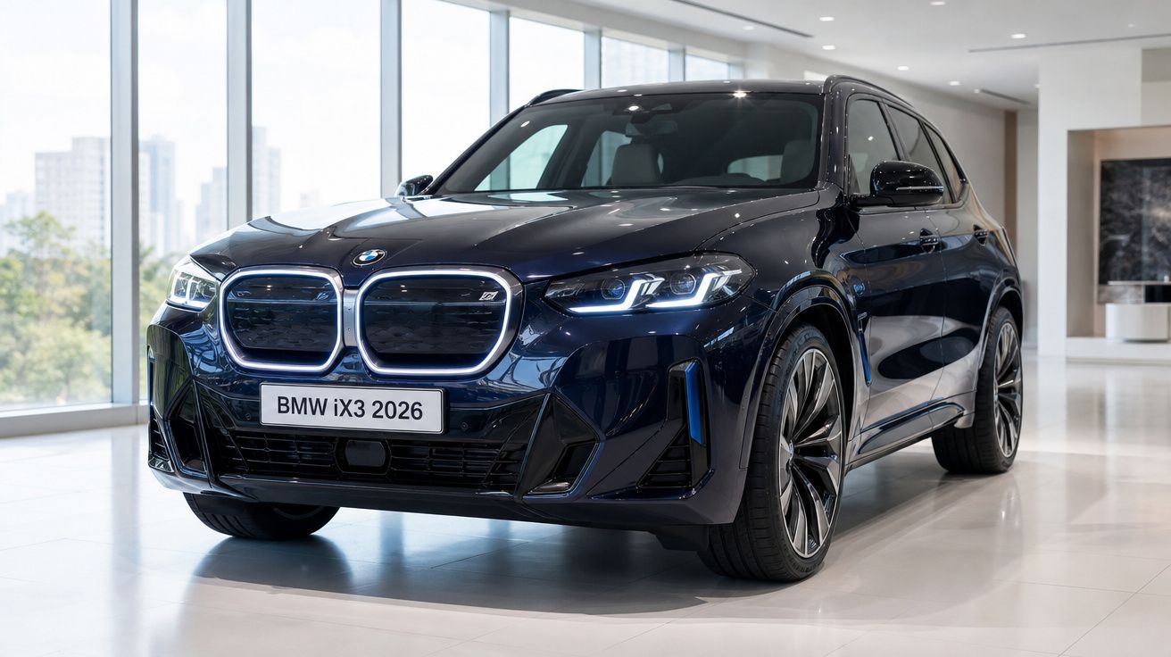 BMW iX3 2026 preto estacionado em interior moderno com grandes janelas e piso branco.