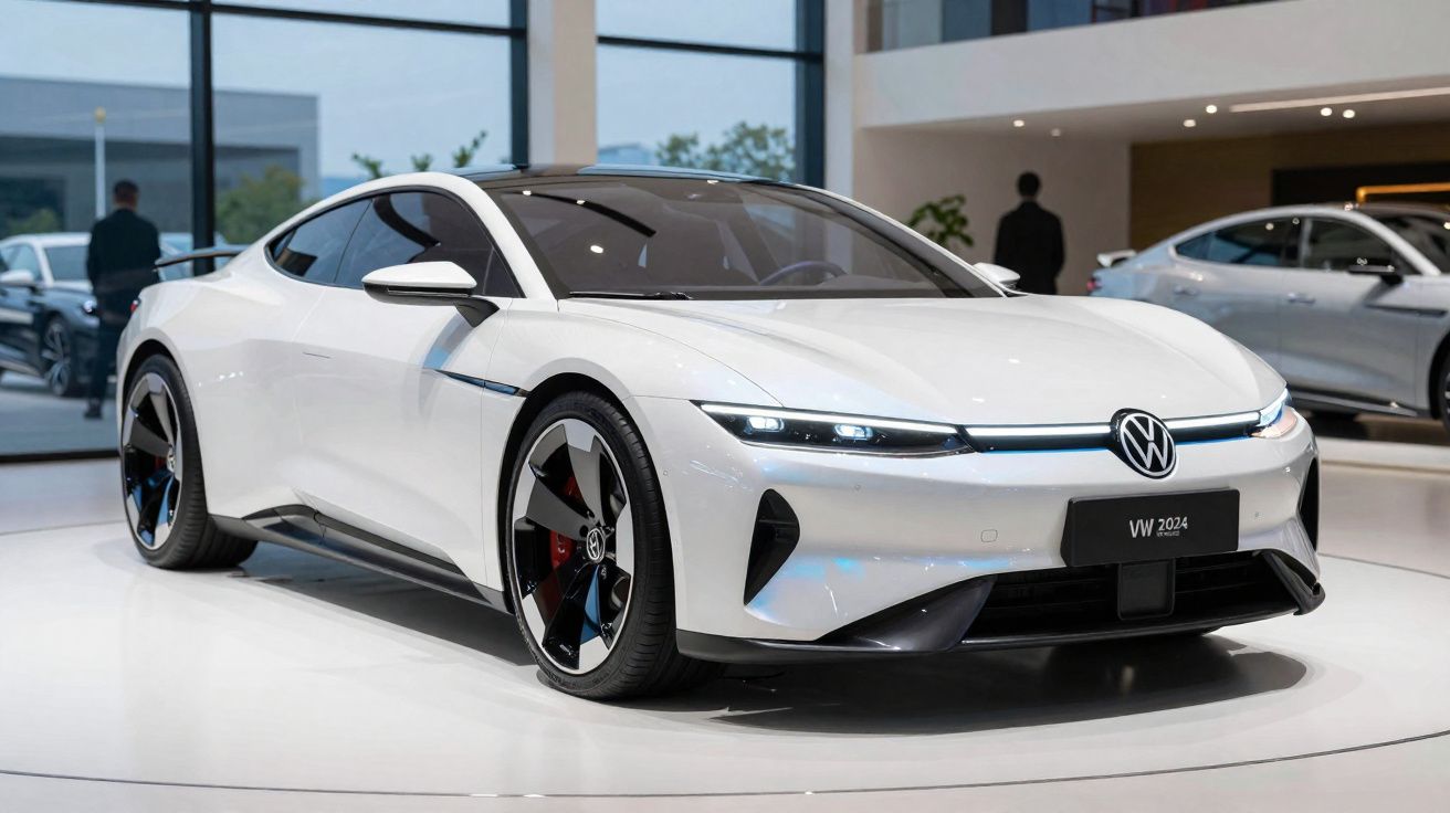 Carro elétrico desportivo branco Volkswagen VW 2024 em exposição moderna com jantes aerodinâmicas negras.