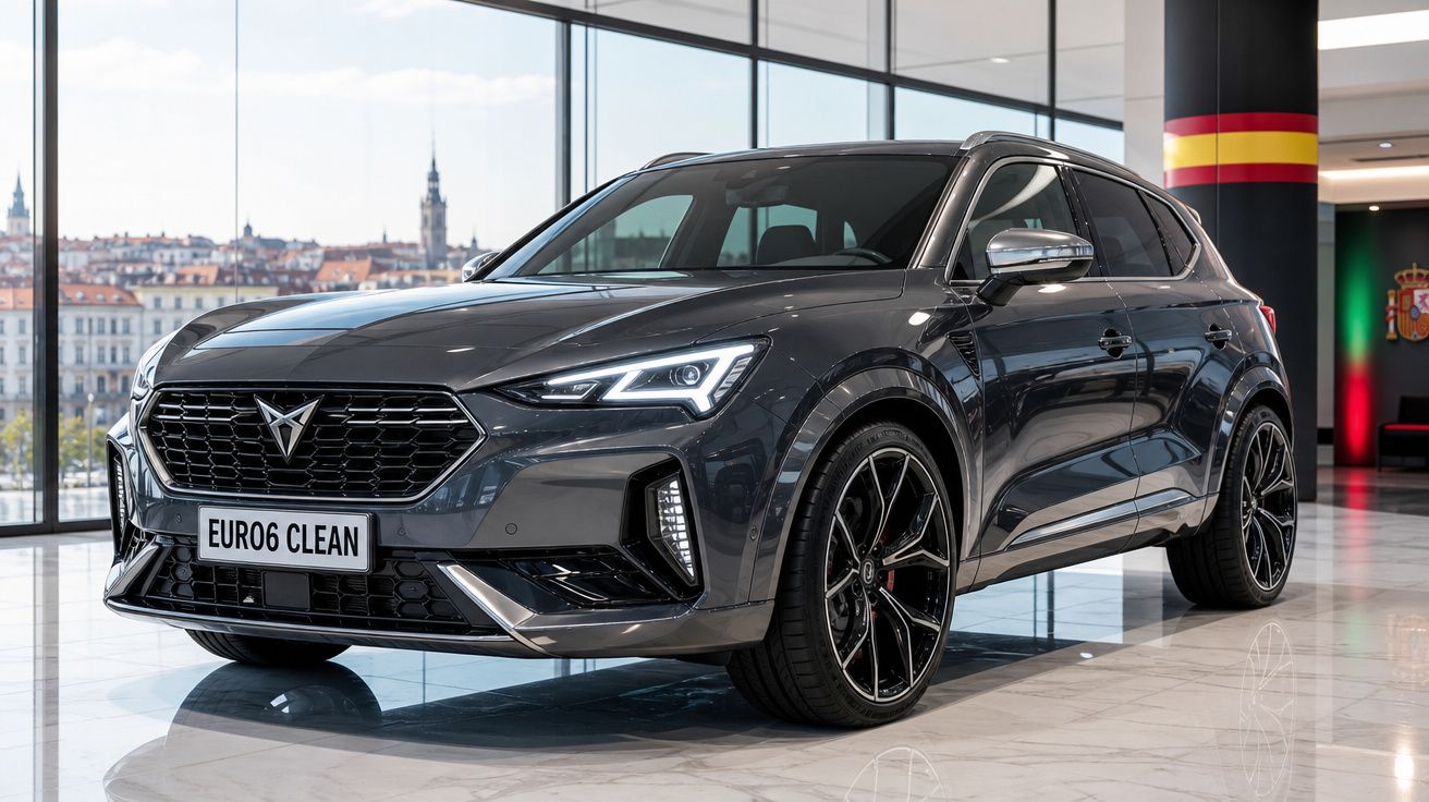 Carro SUV compacto cinza escuro com matrícula "EURO6 CLEAN" exibido num espaço interior moderno com vista urbana.