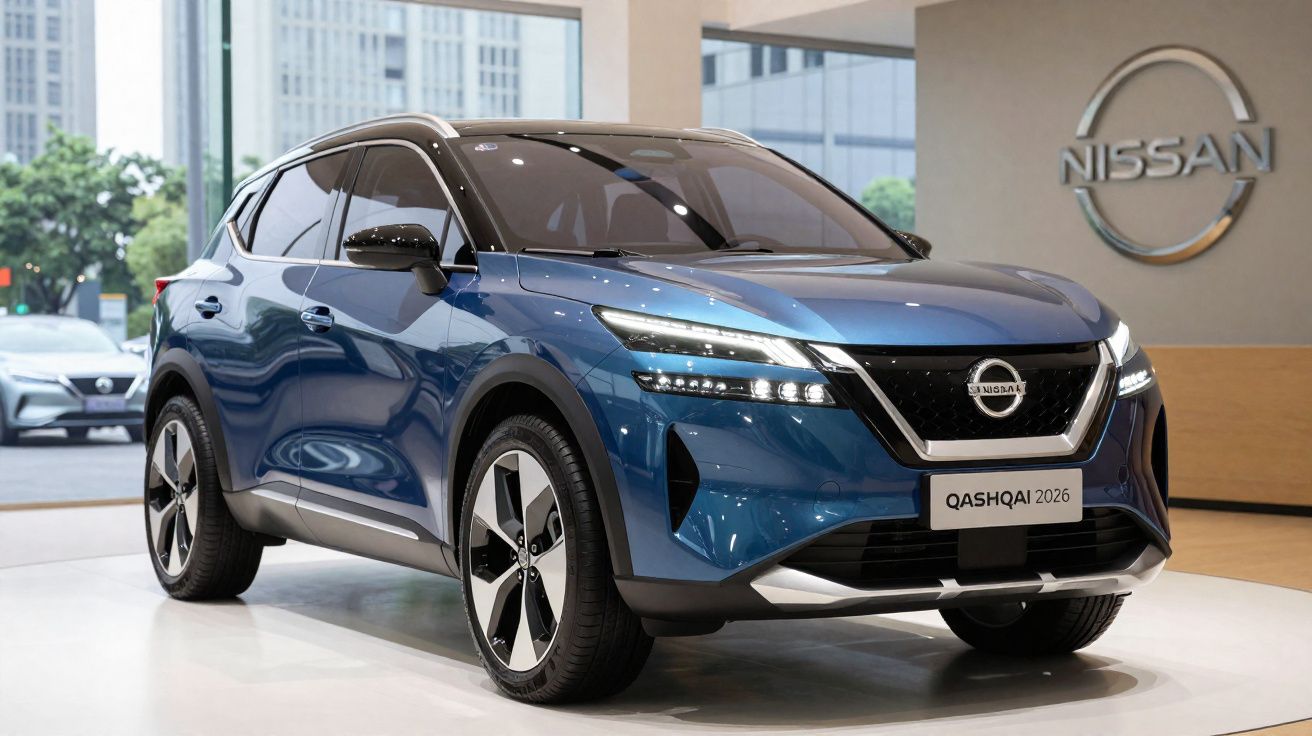 Carro Nissan Qashqai 2026 metálico azul exposto numa sala de vendas moderna com logo da Nissan.
